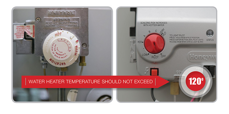Image of two water heater temperature dial settings